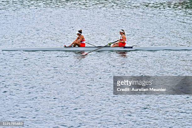 Sarah Stacey and Makeda Harrison of Canada react after competing in the Women's Pair during the World Rowing Under 19 Championships at...
