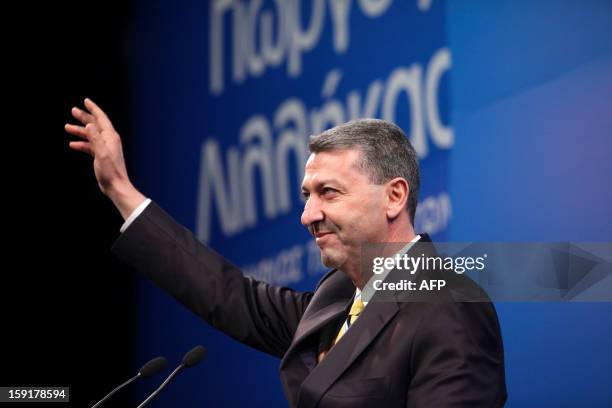 Cypriot presidential election candidate George Lillikas delivers a speech as he campaigns on January 09, 2013 in Nicosia. The first round of Cyprus'...