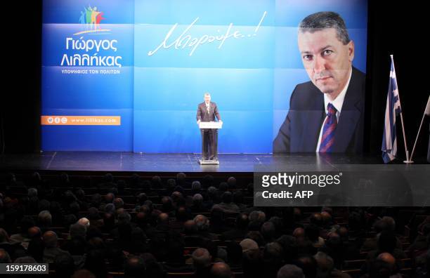 Cypriot presidential election candidate George Lillikas delivers a speech as he campaigns on January 09, 2013 in Nicosia. The first round of Cyprus'...