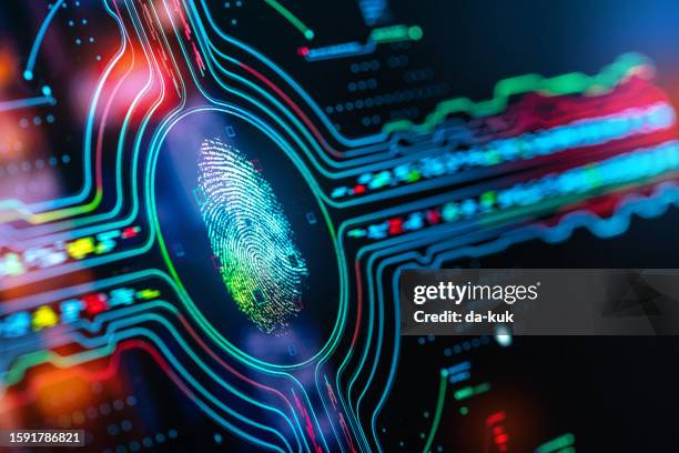 fingerprint scanner. digital biometrics authentication. futuristic technology background - fingerprint scanner stock pictures, royalty-free photos & images