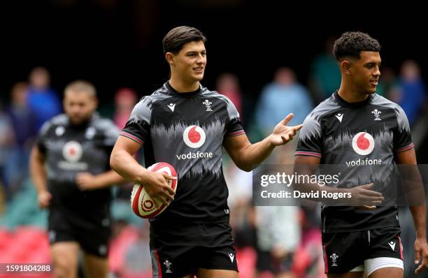 Louis Rees-Zammit looks on during the Wales Captain's Run ahead of the Summer International match between Wales and England at the Principality...