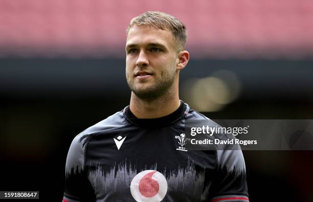 Max Llewellyn looks on during the Wales Captain's Run ahead of the Summer International match between Wales and England at the Principality Stadium...