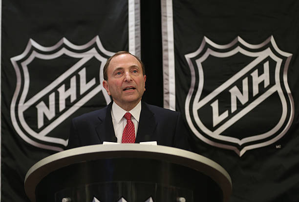 National Hockey League Commissioner Gary Bettman speaks with the media at a press conference announcing the start of the NHL season at the Westin...