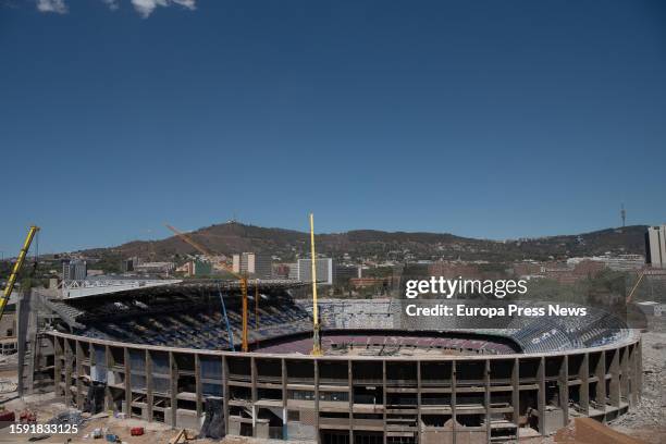 The Spotify Camp Nou during renovation work on August 4 in Barcelona, Catalonia, Spain. The remodeling of the stadium is part of the 'Espai Barça'...