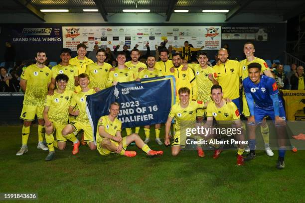 Wellington Phoenix pose for a photo after their victory during the round of 32 2023 Australia Cup match between Peninsula Power FC and Wellington...