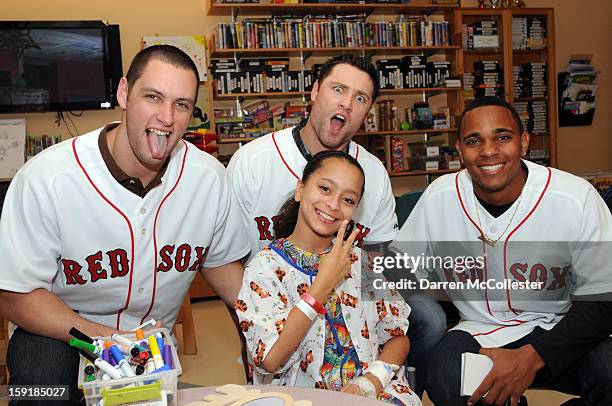 Boston Red Sox rookies Alex Hassan, Bryce Brentz, and Xander Bogaerts spread cheer to Ana at Boston Children's Hospital on January 9, 2013 in Boston,...