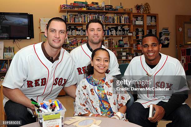 Boston Red Sox rookies Alex Hassan, Bryce Brentz, and Xander Bogaerts spread cheer to Ana at Boston Children's Hospital on January 9, 2013 in Boston,...