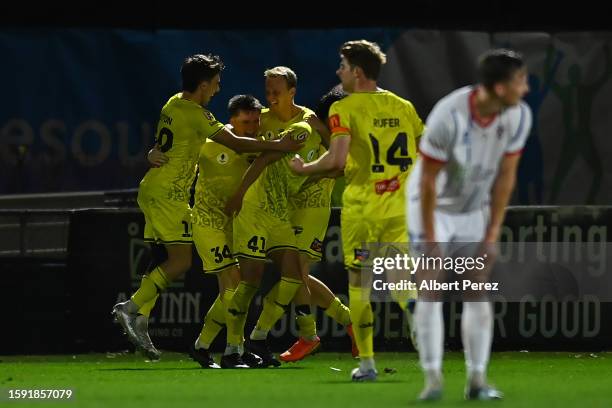 Wellington Phoenix celebrate a goal during the round of 32 2023 Australia Cup match between Peninsula Power FC and Wellington Phoenix at AJ Kelly...