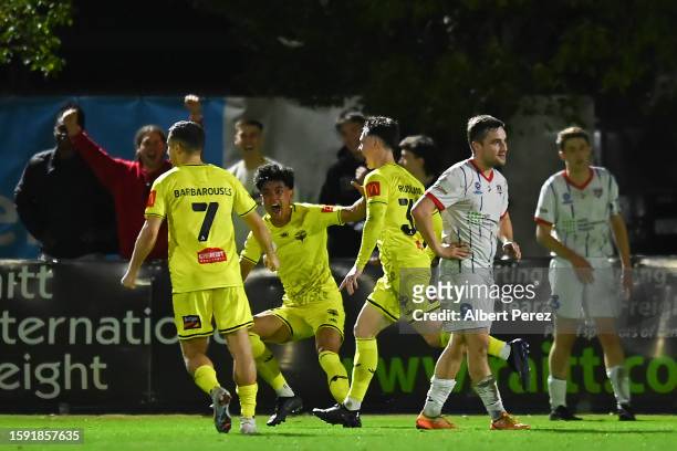 Wellington Phoenix celebrate a goal during the round of 32 2023 Australia Cup match between Peninsula Power FC and Wellington Phoenix at AJ Kelly...