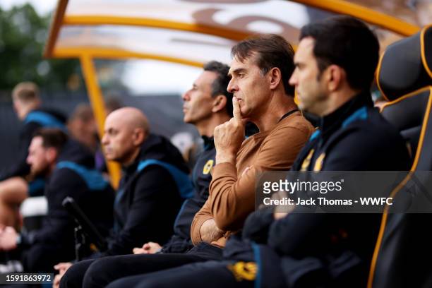 Julen Lopetegui, Manager of Wolverhampton Wanderers looks on ahead of the Pre-Season Friendly match between Wolverhampton Wanderers and Luton Town at...