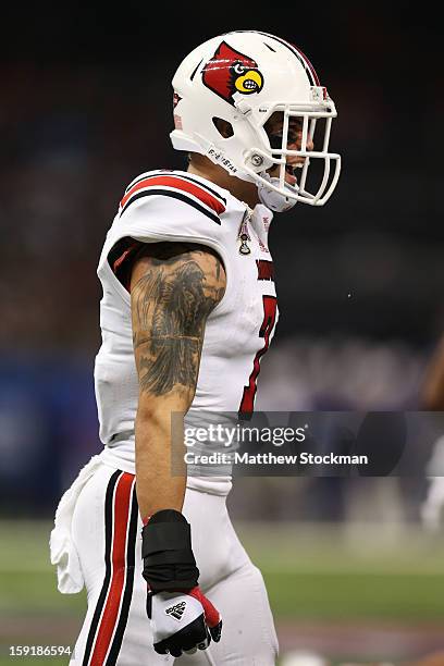 Damian Copeland of the Louisville Cardinals reacts during the Allstate Sugar Bowl against the Florida Gators at Mercedes-Benz Superdome on January 2,...