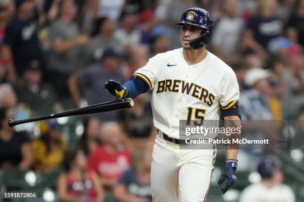 Tyrone Taylor of the Milwaukee Brewers hits a two-run home run in the seventh inning against the Cincinnati Reds at American Family Field on July 26,...