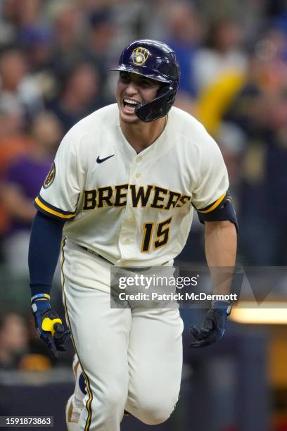 Tyrone Taylor of the Milwaukee Brewers celebrates as he runs the bases after hitting a two-run home run in the seventh inning against the Cincinnati...