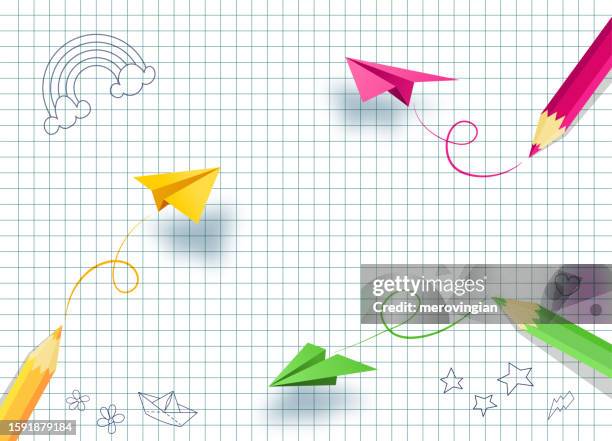 hintergrund des schulnotizbuchs. fliegende papierflieger und buntstifte - comic book background stock-grafiken, -clipart, -cartoons und -symbole