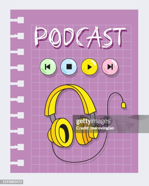 podcast recording and listening, broadcasting, online radio concept with hand drawn headphones - volume knob stock illustrations