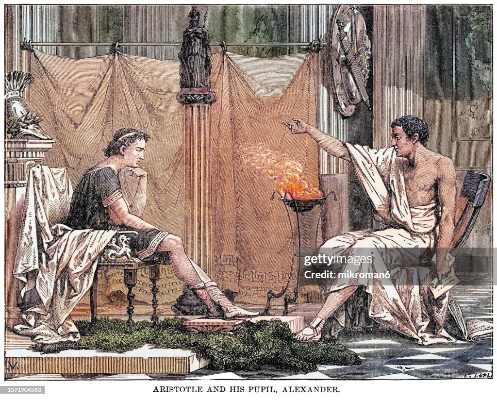 Old engraved illustration of Aristotle (Greek philosopher and polymath) teaches Alexander The Great