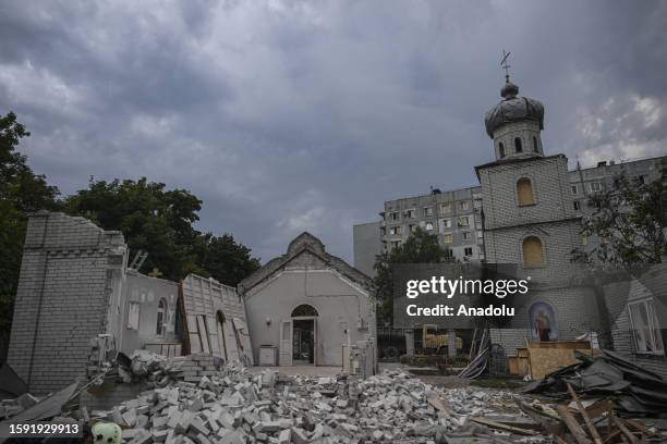 View of an area around the church which is damaged after an attack launched by Russian forces as debris removal efforts continue in Zaporizhzhia,...