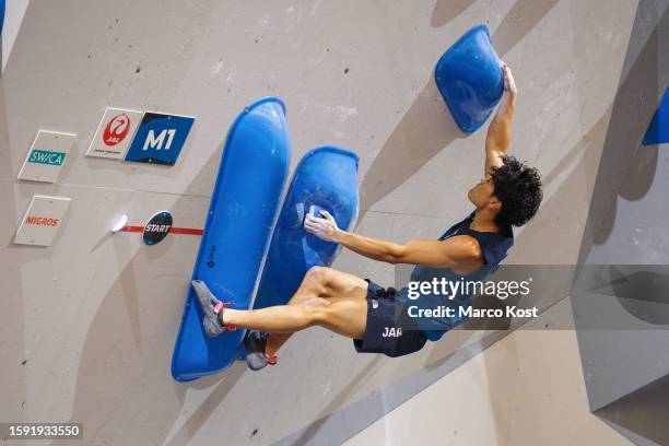 Tomoa Narasaki of Japan competes during the men's boulder semifinals of the IFSC Climbing World Cup on August 04, 2023 in Bern, Switzerland.