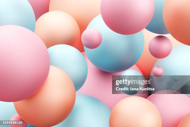 beautiful pastel pink, beige and blue 3d circles, spheres, bubbles, drops. futuristic gentle background. abstract pattern, composition. - sphère 3d photos et images de collection