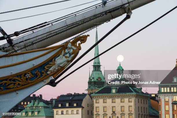 the ship, the moon and the old town - figurehead stock pictures, royalty-free photos & images