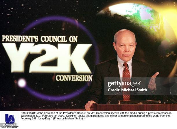 John Koskinen of the President's Council on Y2K Conversion speaks with the media during a press conference in Washington, D.C. February 29, 2000....