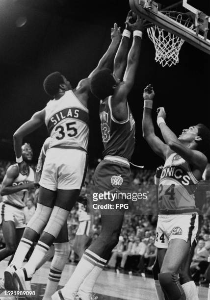 American basketball player Paul Silas, SuperSonics power forward, and teammate, American basketball player Dennis Johnson, SuperSonics shooting...