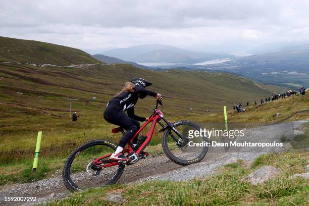 Kalani Muirhead of New Zealand competes during the mountain bike downhill qualification of women elite in the 96th UCI Cycling World Championships...
