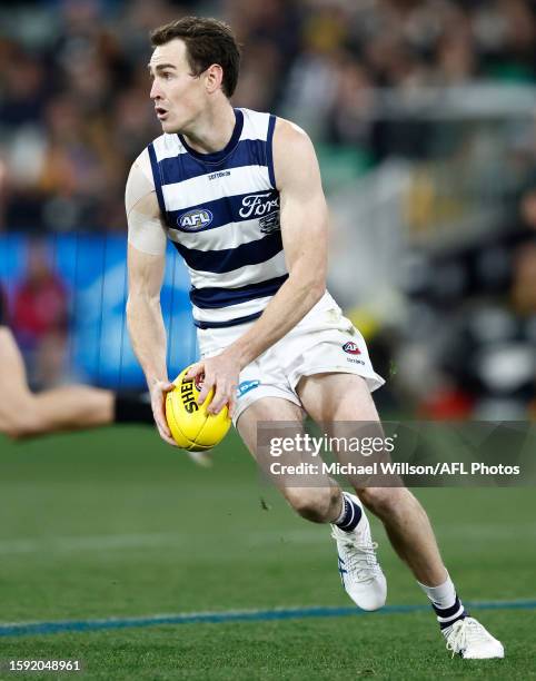 Jeremy Cameron of the Cats in action during the 2023 AFL Round 22 match between the Collingwood Magpies and the Geelong Cats at Melbourne Cricket...