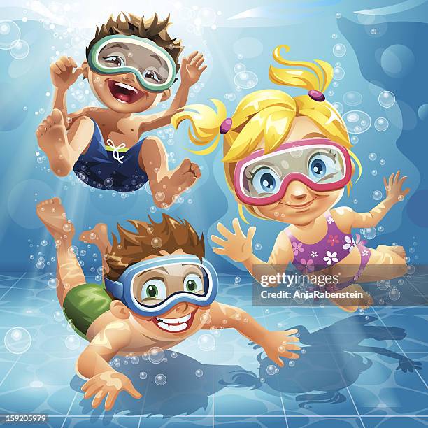 ilustraciones, imágenes clip art, dibujos animados e iconos de stock de little kids de salto, nadar y practicar buceo en la piscina - máscara de submarinismo