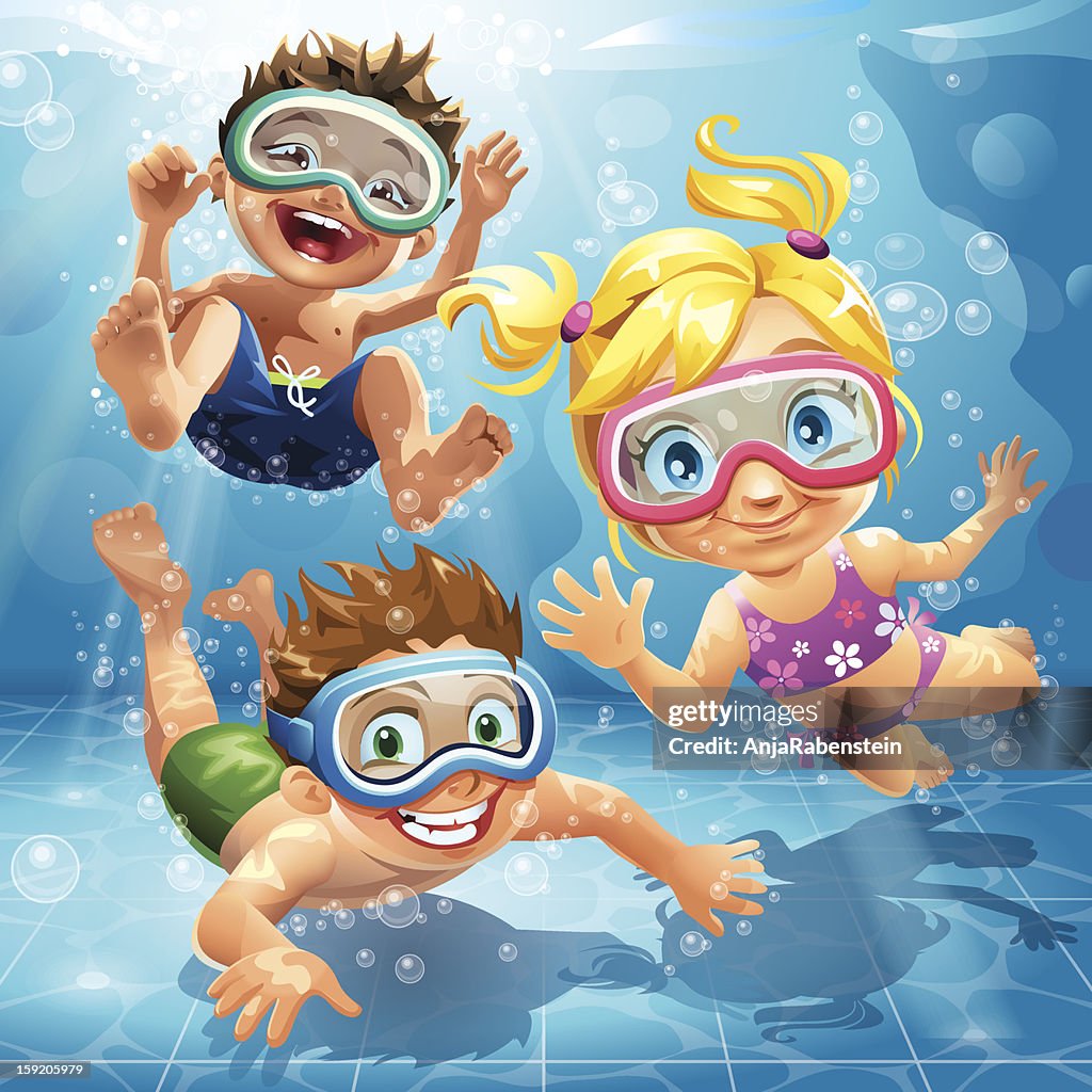 Little Kids jumping, swimming and diving in pool