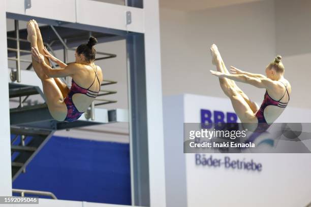 Sarah Bacon and Kassidy Cook from United States compete in the women's 3m synchronised platform on day one of the World Aquatics Diving World Cup...