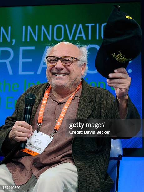 Actor/director Danny DeVito speaks at the Panasonic booth during the 2013 International CES at the Las Vegas Convention Center on January 9, 2013 in...