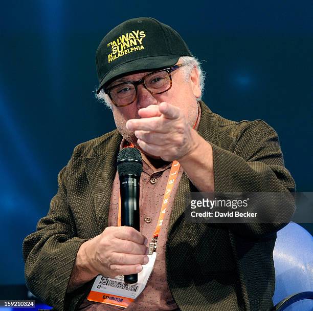 Actor/director Danny DeVito speaks at the Panasonic booth during the 2013 International CES at the Las Vegas Convention Center on January 9, 2013 in...
