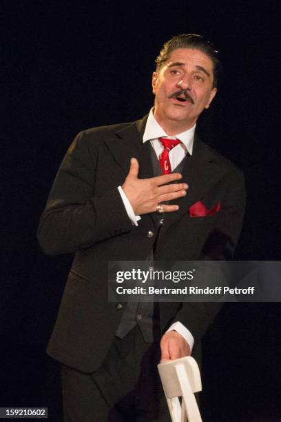 Actor Simon Abkarian performs on stage during the premiere of 'Menelas rebetiko rapsodie', that he also wrote and directed, at Le Grand Parquet on...