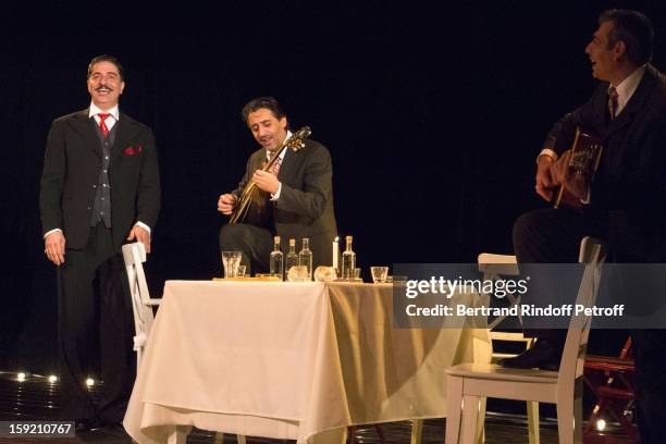 Actor Simon Abkarian, musicians Gregoris Vassila and Kostas Tsekouras perform on stage during the premiere of 'Menelas rebetiko rapsodie', that...