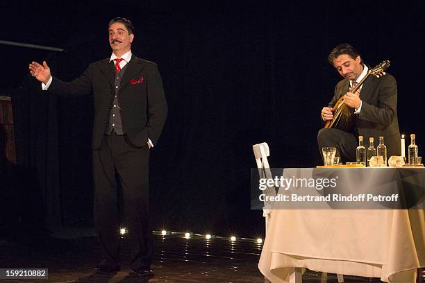 Actor Simon Abkarian and musician Gregoris Vassila perform on stage during the premiere of 'Menelas rebetiko rapsodie', that Abkarian wrote and...