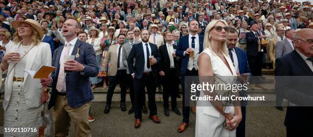 Racegoers watch the racing at Goodwood Racecourse on August 04, 2023 in Chichester, England.
