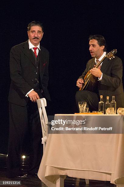 Actor Simon Abkarian and musician Gregoris Vassila perform on stage during the premiere of 'Menelas rebetiko rapsodie', that Abkarian wrote and...