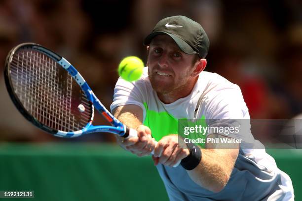 Jesse Levine of Canada plays a backhand in his quarterfinal match against Sam Querrey of the USA during day four of the Heineken Open at the ASB...