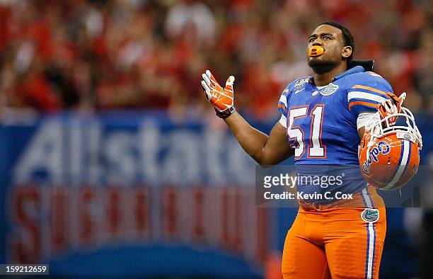 Michael Taylor of the Florida Gators reacts during the Allstate Sugar Bowl against the Louisville Cardinals at Mercedes-Benz Superdome on January 2,...