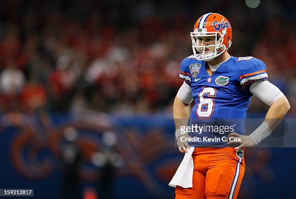 Jeff Driskel of the Florida Gators reacts during the Allstate Sugar Bowl against the Louisville Cardinals at Mercedes-Benz Superdome on January 2,...