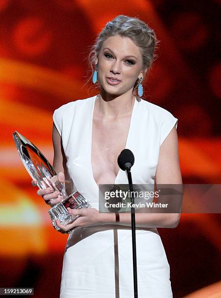 Singer Taylor Swift, winner of Favorite Country Artist, onstage at the 39th Annual People's Choice Awards at Nokia Theatre L.A. Live on January 9,...