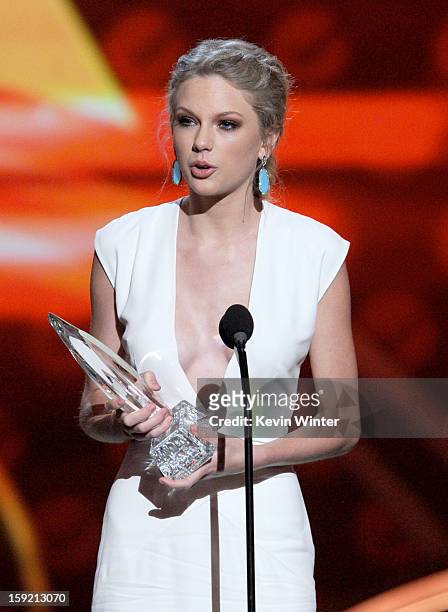 Singer Taylor Swift, winner of Favorite Country Artist, onstage at the 39th Annual People's Choice Awards at Nokia Theatre L.A. Live on January 9,...