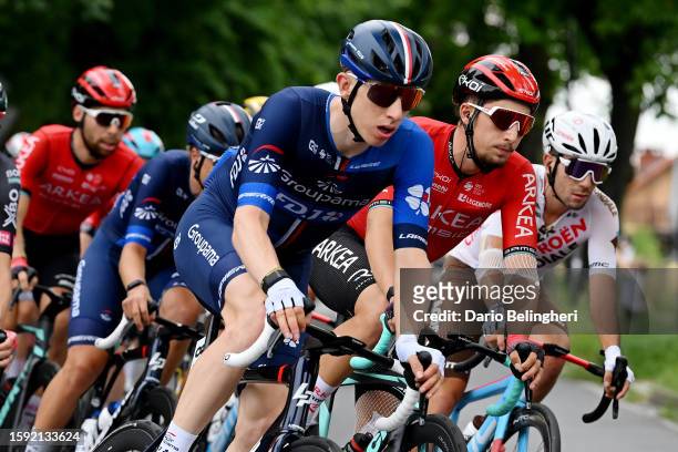 Lewis Askey of The United Kingdom and Team Groupama - FDJ and Kévin Vauquelin of France and Team Arkéa Samsic compete during the 80th Tour de...