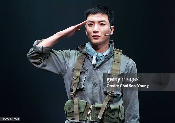 Lee-Teuk of Super Junior performs during the musical 'The Promise' press call at the National Theater of Korea Main Hall 'Hae' on January 8, 2013 in...