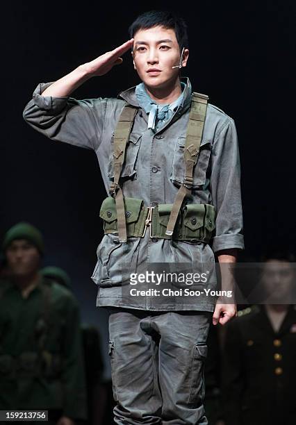 Lee-Teuk of Super Junior performs during the musical 'The Promise' press call at the National Theater of Korea Main Hall 'Hae' on January 8, 2013 in...