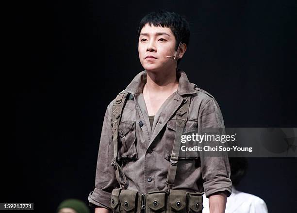 Yoon-Hak of Supernova performs during the musical 'The Promise' press call at the National Theater of Korea Main Hall 'Hae' on January 8, 2013 in...