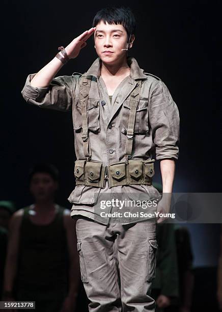 Yoon-Hak of Supernova performs during the musical 'The Promise' press call at the National Theater of Korea Main Hall 'Hae' on January 8, 2013 in...