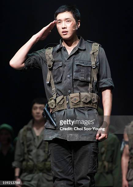 Ji Hyun-Woo performs during the musical 'The Promise' press call at the National Theater of Korea Main Hall 'Hae' on January 8, 2013 in Seoul, South...