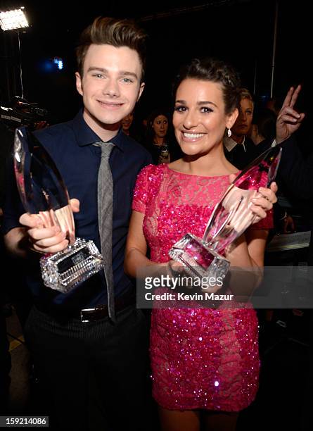 Chris Colfer and Lea Michele backstage during 2013 People's Choice Awards at Nokia Theatre L.A. Live on January 9, 2013 in Los Angeles, California.